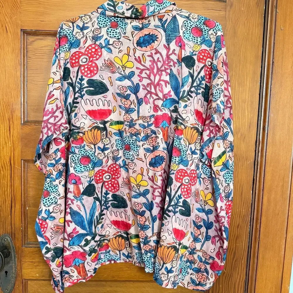 Natural Life OS Floral Mushroom Button Down Shirt 100% Cotton Boho Oversized Top - Picture 4 of 7